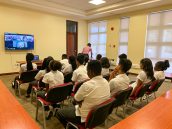 Year 8 students engaging in a video conference with students from India.