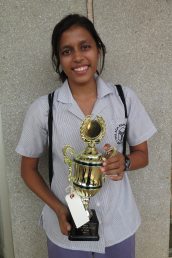 Saumya Gupta with her trophy for her piano piece