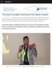 Ziyaan Virji, DP2, is featured for receiving the Diana Award. Ziyaan Virji, DP2, is featured for receiving the Diana Award.