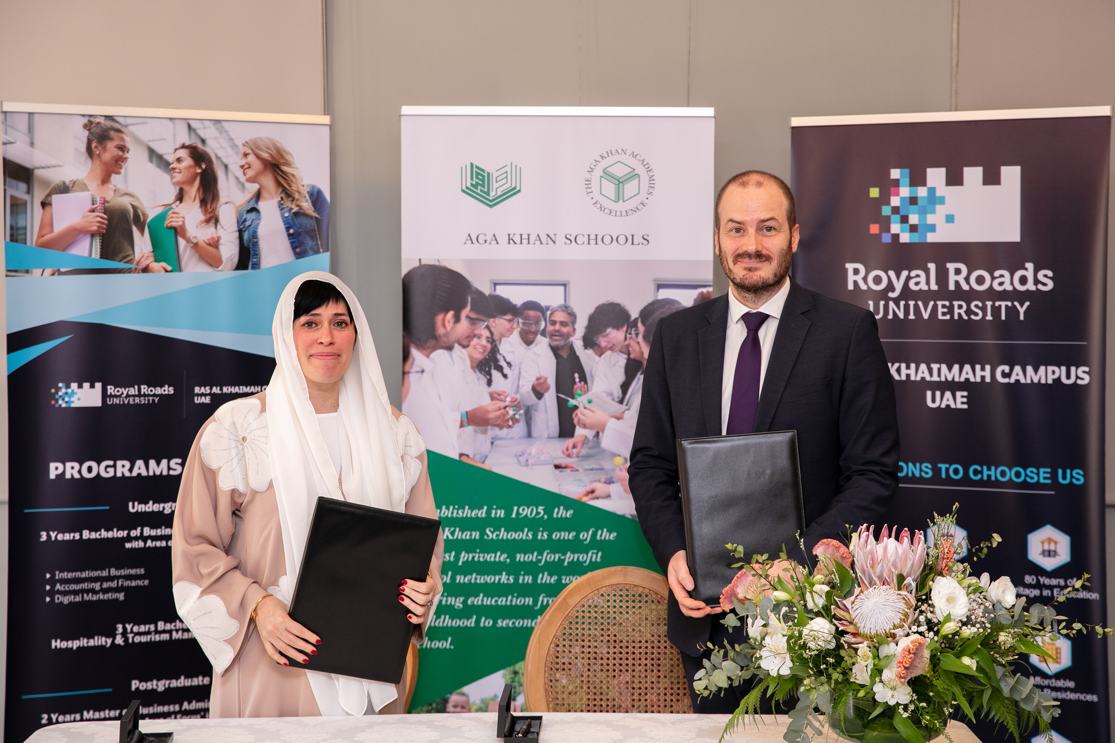 Dr Alaa Mohamad, Vice President – Corporate and Government Relations for Royal Roads University – Ras Al Khaimah Campus and Benoit Destouches, Finance Director of the Aga Khan Schools.