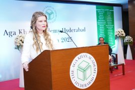 Meaghan Blight, President of Wesleyan College, during her keynote speech at the graduation ceremony at the Academy in Hyderabad
